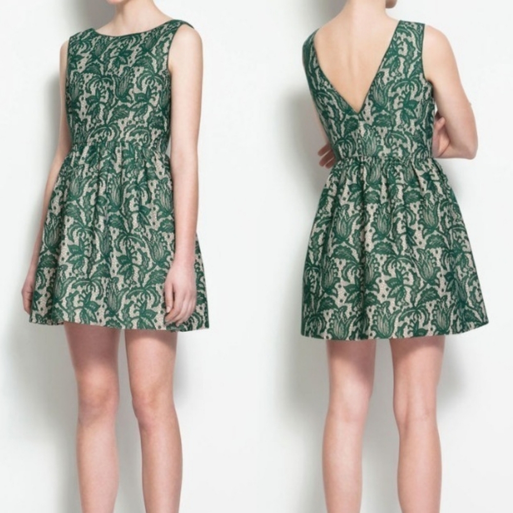 Zara Green Dress Lace Overlay Tulip Size Medium NWT